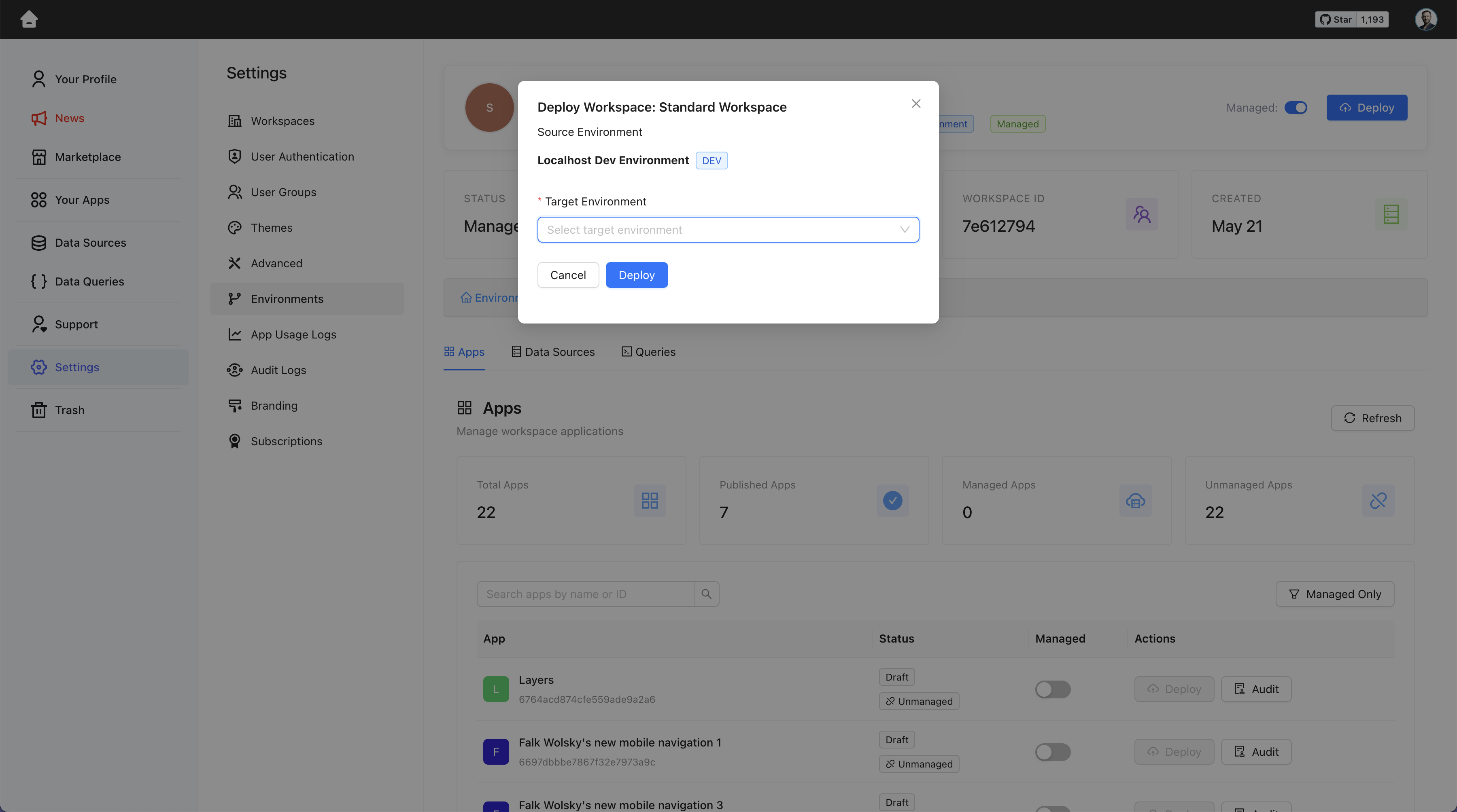 Enterprise Edition | Environments Deploy App